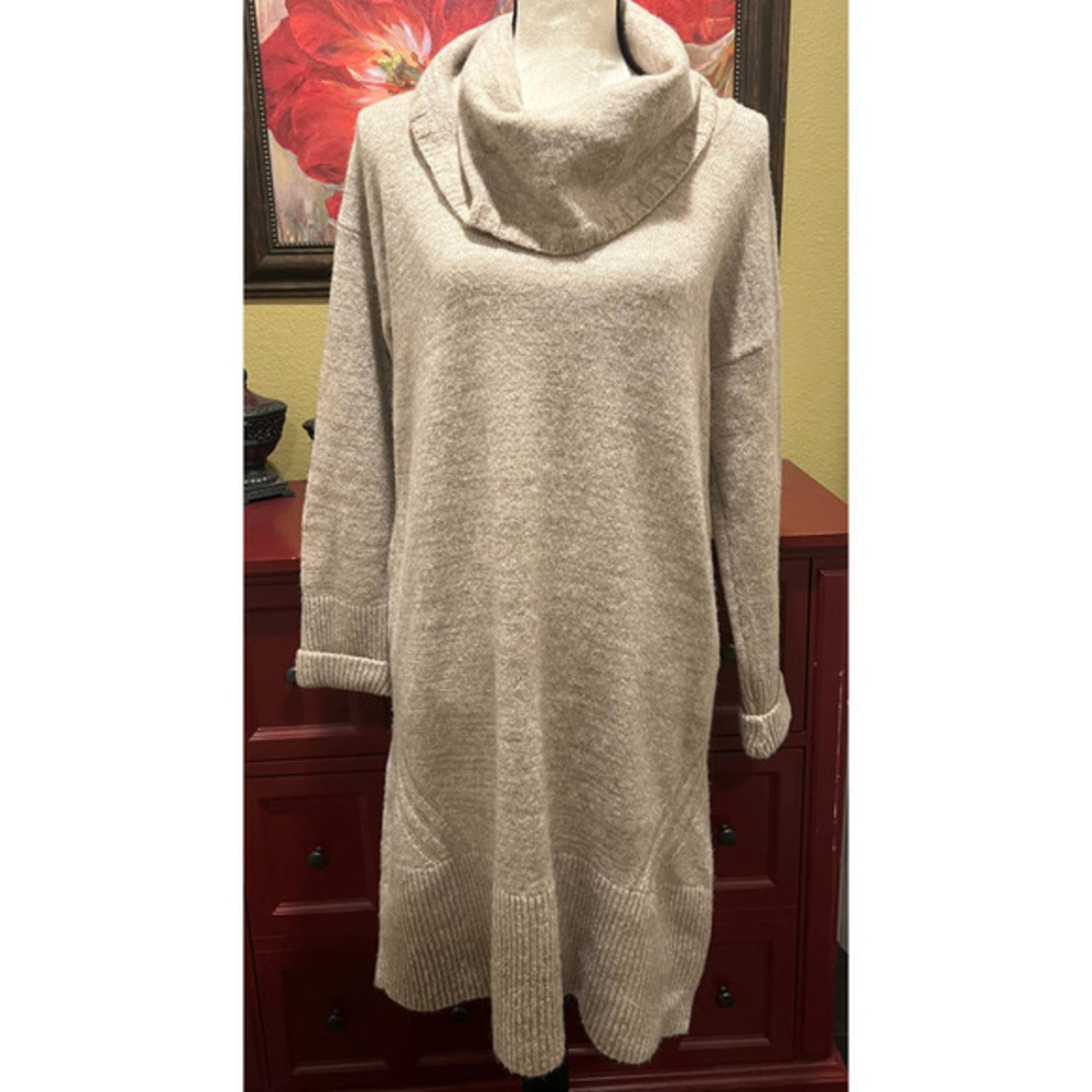 Anthropologie sweater dress Large Tan  cowl neck knee length